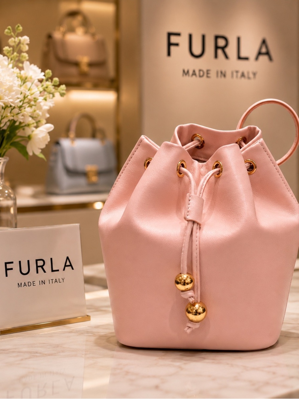 🇮🇹FURLA Pink Leather Drawstring Bucket Bag NWOT preppy romantic feminine evening